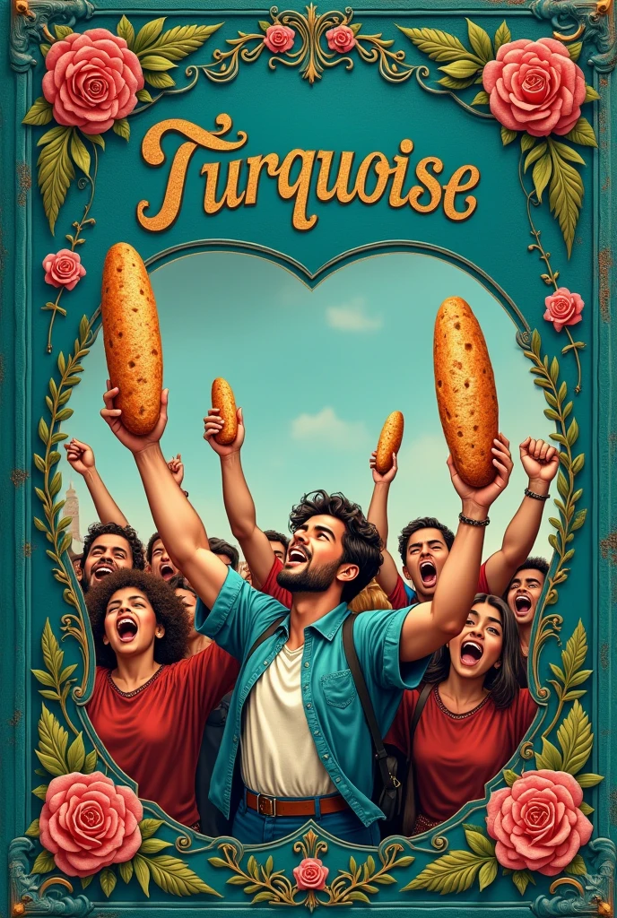 An old novel cover resembling a Victorian era cover, the cover is dark turquoise in color with "Turquoise" written in the middle. The edge of the book is decorated with roses and flowers. In the center of the cover is a picture of a people's revolution carrying fresh bread, cheering and shouting revolutionary slogans. The revolutionaries appear to be from the 1980s generation. 