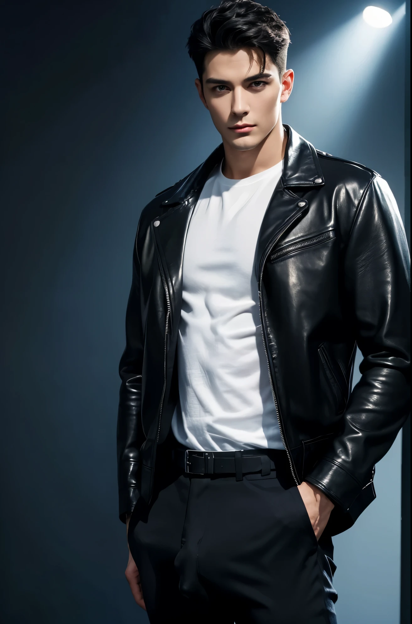4k, high resolution, best quality, masterpiece, perfect color, perfect shade, perfect lighting, Posted by e621, ((handsome man)), perfect male figure, Short hair details，Detailed face, perfect face, (stood up), Detailed background, ((Bonifasco Lighting)),black hair, wearing black leather jacket, black pants, black leather belt, white shirt,