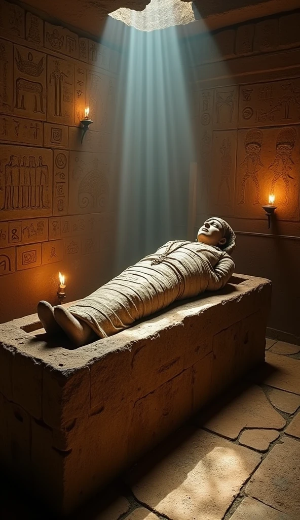 An ancient Egyptian tomb with a mummy and ominous symbols.