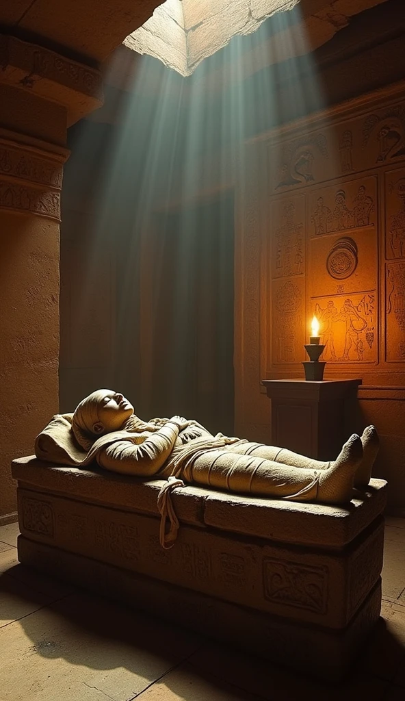 An ancient Egyptian tomb with a mummy and ominous symbols.