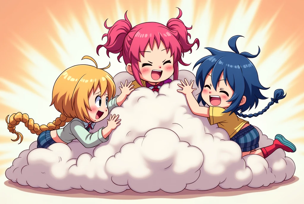 An anime-style illustration depicting three girls playfully wrestling with each other inside a comical fight cloud.
each girl has different  colored hair: one with blonde braided,another  with pink ponytaile,and one with blue bobcuts.
their faces,hands,and feet are visible emerging from the cloud as they tussle humorously,  with the rest of their bodies completely hidden inside the cloud.
the illustration emphasizes the humorous and energetic nature of their scuffle,with a fluffy  andexaggerated fight cloud.