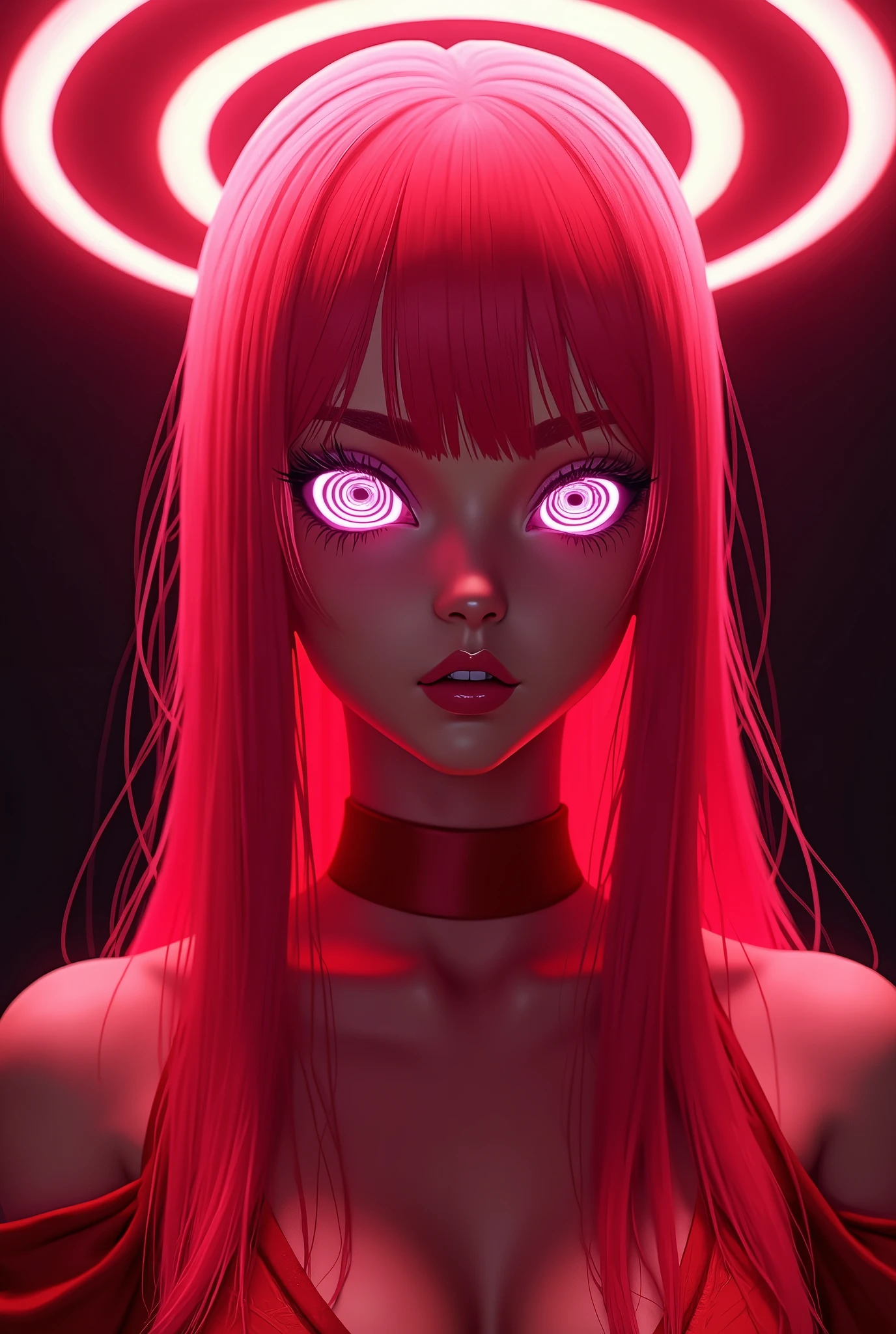Makiman chaisaw man ,vivid neon lighting, glowing eyes, red and pink hues, ethereal halo, soft facial features, intense gaze, dark background, smooth textures, anime-inspired, futuristic portrait, radiant glow, otherworldly atmosphere, surrealism, sharp contrasts, minimalistic setting, digital painting,Neon glowing, hypnotic spirals in the eyes, with intense red and orange hues and a sharp gaze that has a vibrant shine. Soft, glossy lips with a subtle pink hue, slightly parted and plump, adding a smooth texture. The posture is straight and elegant, with the head slightly tilted upward, exuding confidence and command. The hair is long, sleek, and vibrant red-pink, with flowing strands and detailed highlights, creating soft waves. Flawless skin, illuminated by the neon glow, has a cool-toned, soft texture. Harsh red and pink neon lighting emphasizes strong contrasts and sharpens facial features.