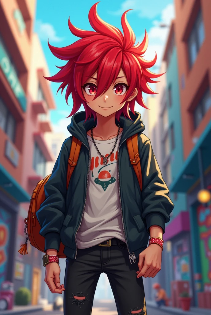 A 2d anime boy having straight red hair and red eyes