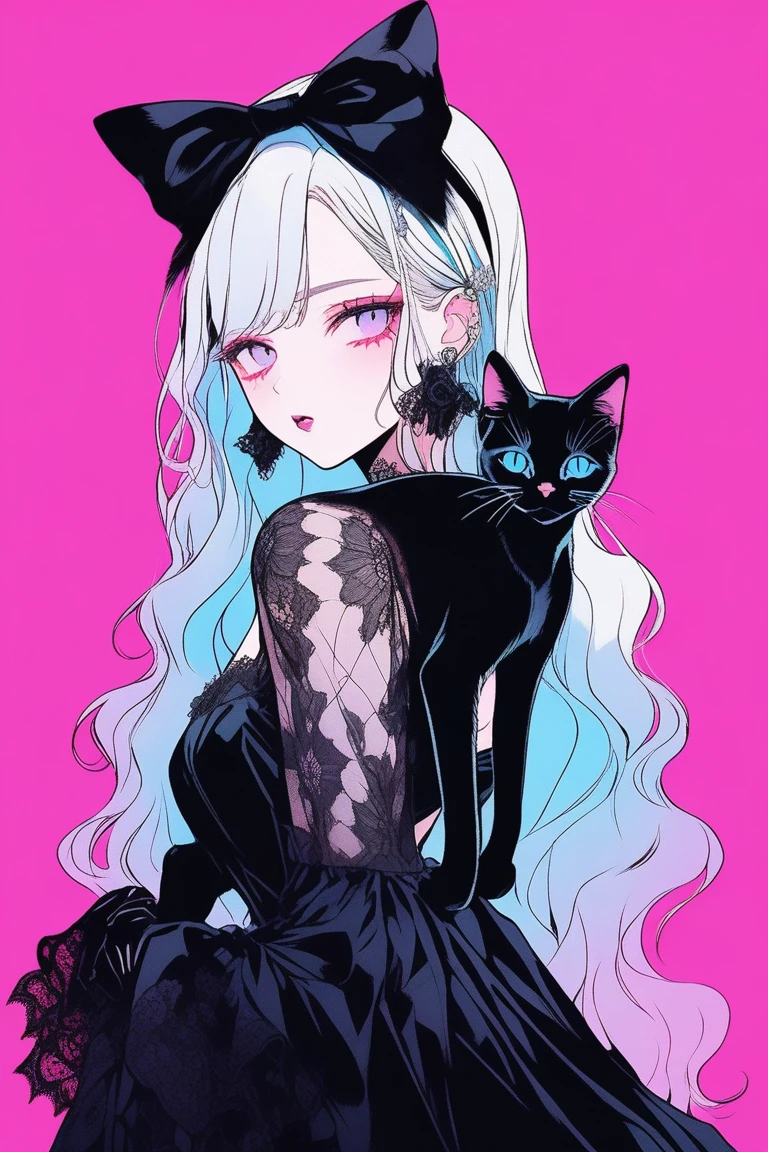 Illustrator, anime , Realistic ,sketch , 1 person, model, Age 25, lip, A black gothic dress featuring abundant lace,、, and a see-through design.., order, Blue and pink gradient background, Neon Medium Hair, Big Breasts, look back, Upper Body, (((Holding a black kitten))), Sexy look, Texture Trim, Canadian, (masterpiece,Highest quality)