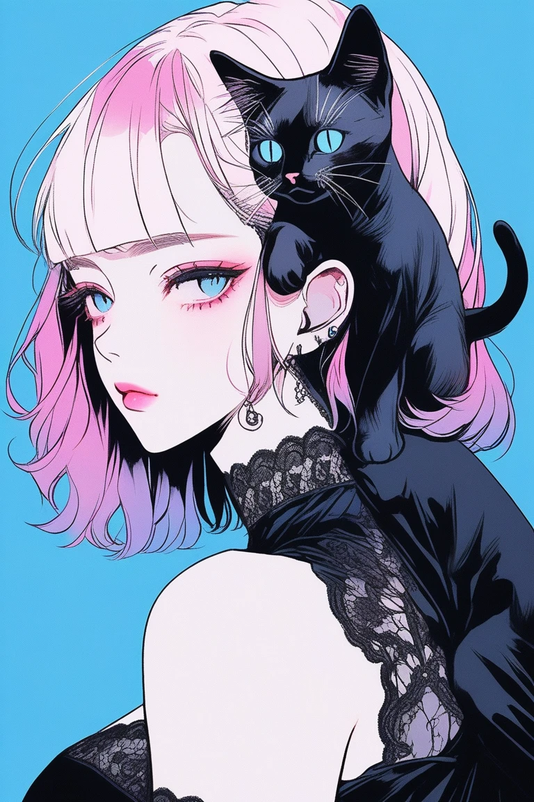 Illustrator, anime , Realistic ,sketch , 1 person, model, Age 25, lip, A black gothic dress featuring abundant lace,、, and a see-through design.., order, Blue and pink gradient background, Neon Medium Hair, Big Breasts, look back, Upper Body, (((Holding a black kitten))), Sexy look, Texture Trim, Canadian, (masterpiece,Highest quality)