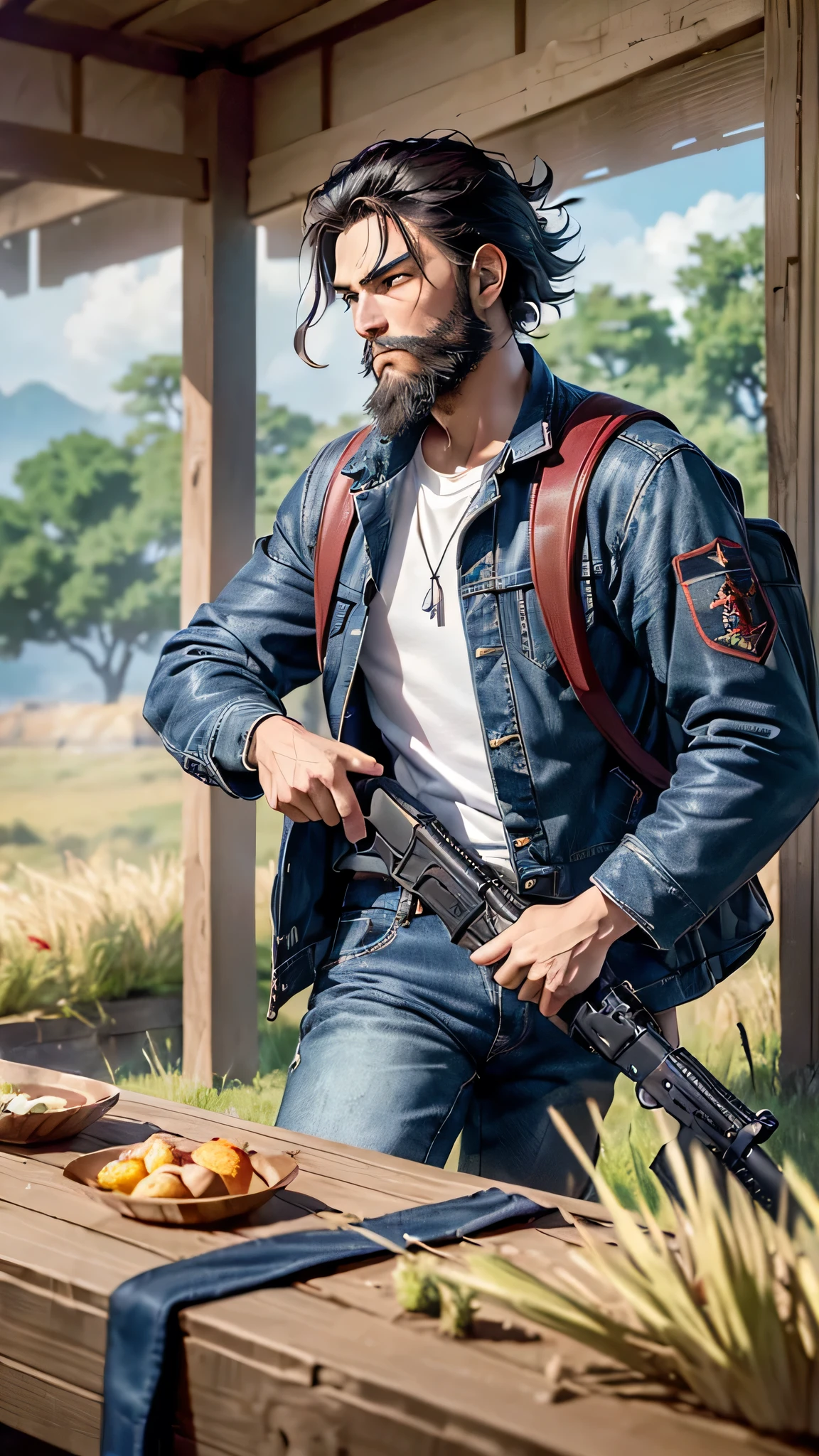 最high quality、Best image quality、masterpiece、male((18-year-old、Slender、Lazy beard、With an assault rifle、White shirt、Red eyes、all back、Black Hair、Fighting Pose、Black rider jacket、Blue denim trousers、Black rucksack、Beard、Show the whole body))high quality、Beautiful art、background((grassland、Strong winds、hut)),Tabletop、Exquisite design、Visual Arts、Written boundary depth、Best lighting、Highest detail、8k