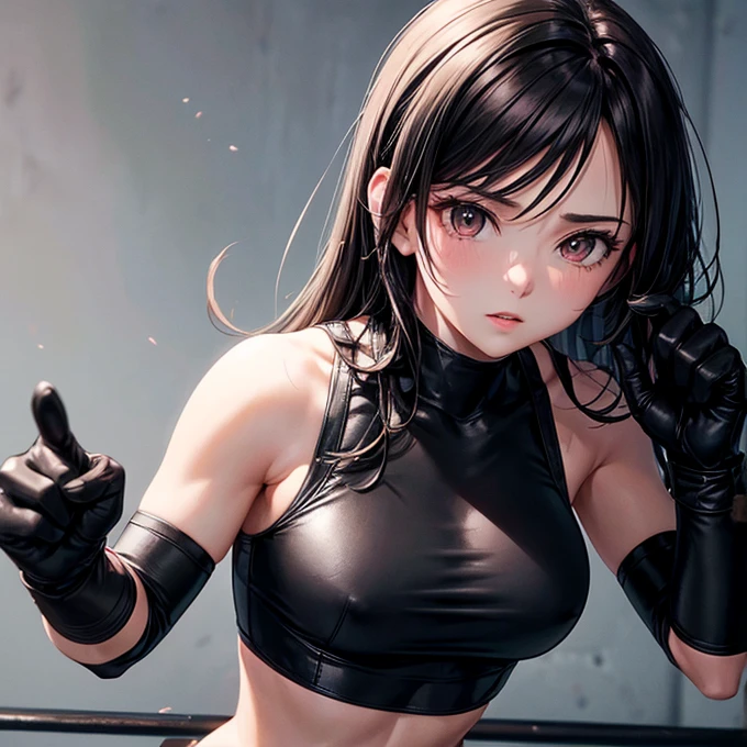 she is wearing black clothes,  High Cut Bodysuit.A woman doing professional wrestling　Tifa Lockhart　Open Finger Gloves　Fight in the ring