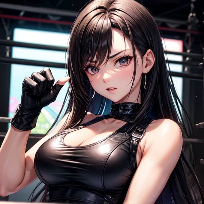 she is wearing black clothes, High Cut Bodysuit.A woman doing professional wrestling Tifa Lockhart Open Finger Gloves Fight in the ring