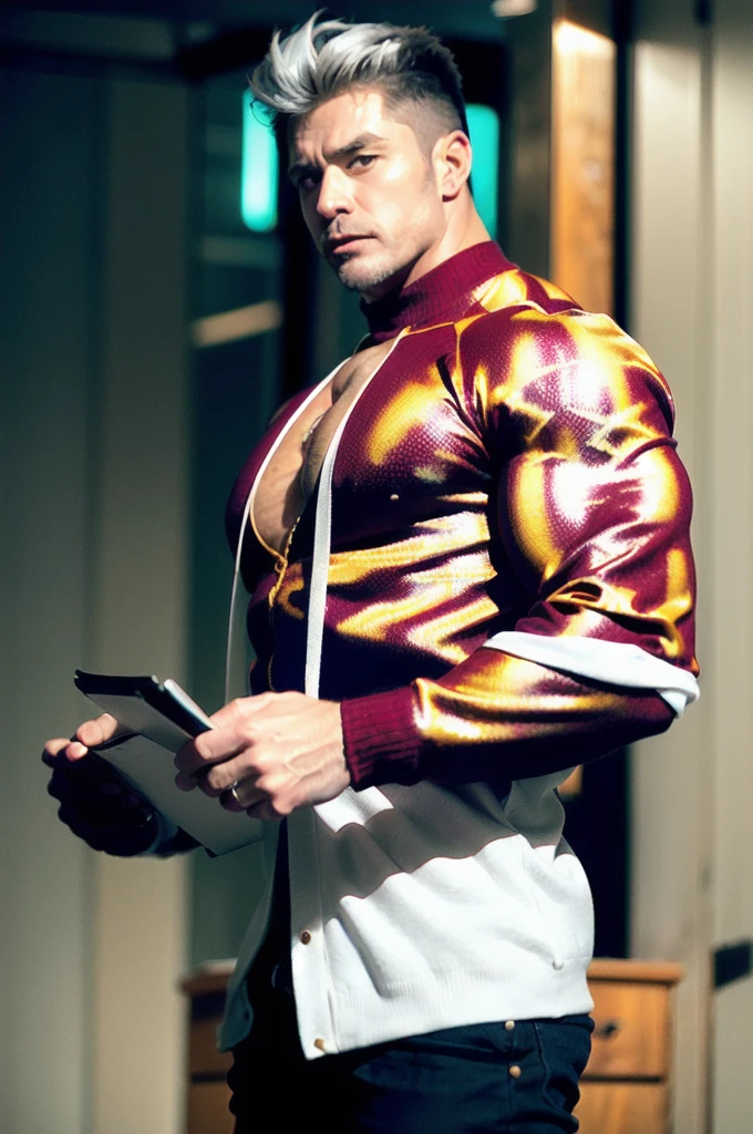(Name: Randall Clance
Age: 55
Hair: White with red-gray edges at temples, styled in a quiff, with back and sides taped
Eyes: Light green or blue
Body Shape: Bara bodybuilder, middle-aged but more handsome
Muscles: Large, prominent pectoral muscles, biceps, and overall muscular physique
Attire: White blouse paired with a maroon red sweater
Description: Randall Clance embodies the epitome of middle-aged charm and strength. With his white hair, accented by hints of red-gray at the temples, and piercing light green or blue eyes, he commands attention. His physique is that of a seasoned bodybuilder, boasting large, prominent muscles, especially in the chest and arms. Clothed in a white blouse under a stylish maroon red sweater, Randall exudes confidence and authority. As a coach professor, his presence is both inspiring and formidable.