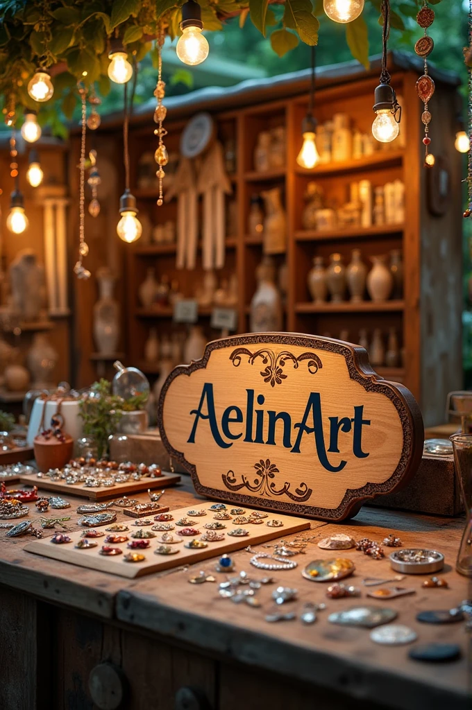 Stand de bijoux fait mains avec un panneau ecrit " AelinArt"