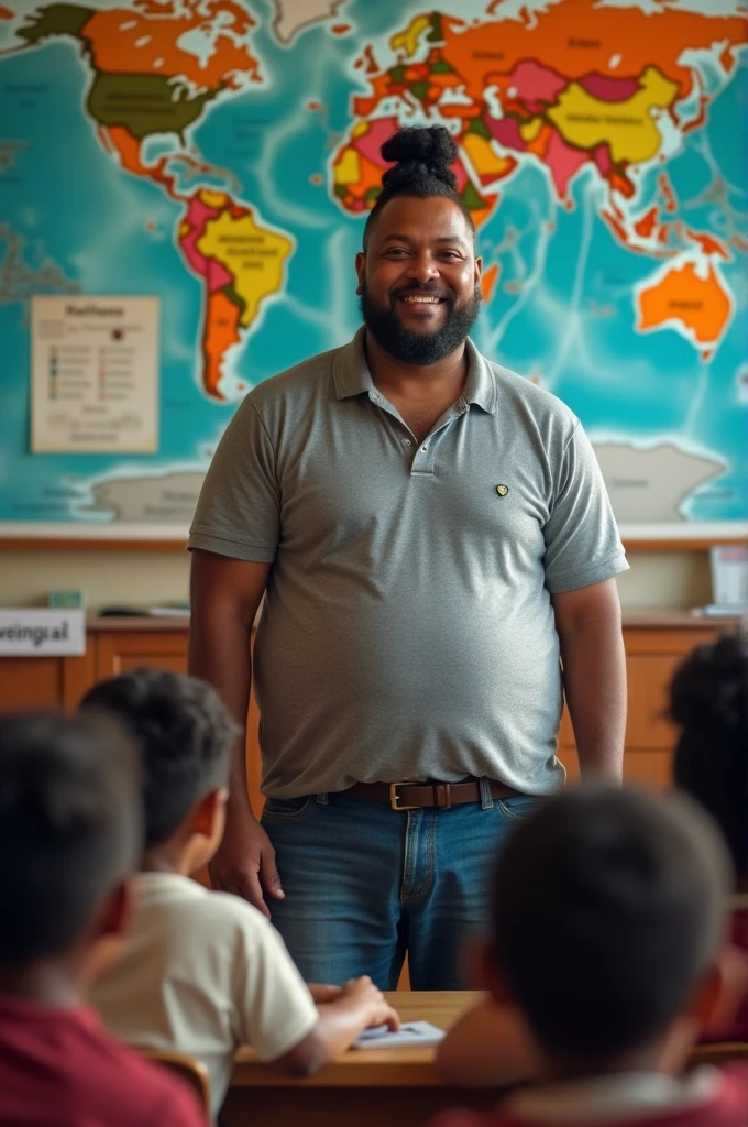 He is a geography teacher at Sesi school, he is bald, has a small beard, is pot-bellied and tall, with a body size of about 1.,80 a boina 
