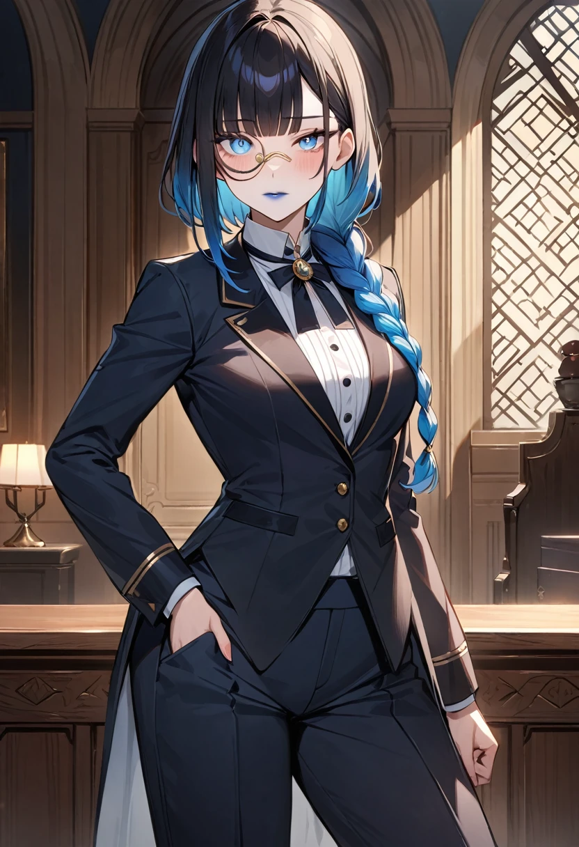 (masterpiece, top quality, very aesthetic, 4k、illustration), intricate detail, 1woman,(Women in men's clothing)、solo,contrapposto 、Monocle、(gradient eyes、tareme)、Strong glowing eyes、blunt bangs,Fair skin,(cowboy shot)、Cool women、Cold Stare、(Blue lipstick),beautiful face、Blushing,(gradient hair)、(single braid)、multicolored hair,middle hair,sidelock ,blue eyes、Butler's uniform、Pants Style、medium breasts、slender 、