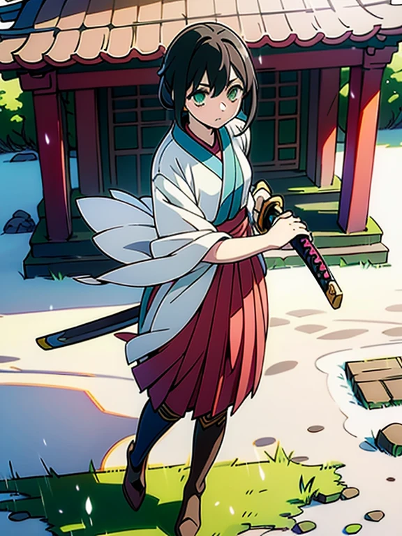 ((((masterpiece, Best Quality, Ultra-high resolution、Best illustrations))))、((Portrait of a person standing against a white background))、anime、A highly concentrated individual、(Very delicate and cute face)、(Sparkling Eyes)、A beautiful 18-year-old shrine maiden stands alone, wielding a wooden sword.、Serious expression、Medium length black hair、Clean green eyes、Long red hakama、Knee-high boots、Standing diagonally with their gaze directed straight ahead.、Oblique right view、((Perfect hands))、