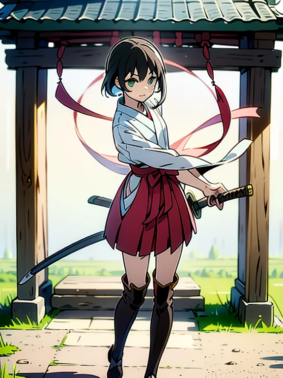 ((((masterpiece, Best Quality, Ultra-high resolution、Best illustrations))))、((Portrait of a person standing against a white background))、anime、A highly concentrated individual、(Very delicate and cute face)、(Sparkling Eyes)、A beautiful 18-year-old shrine maiden stands alone, wielding a wooden sword.、Serious expression、Medium length black hair、Clean green eyes、Long red hakama、Knee-high boots、Standing diagonally with their gaze directed straight ahead.、Oblique right view、((Perfect hands))、