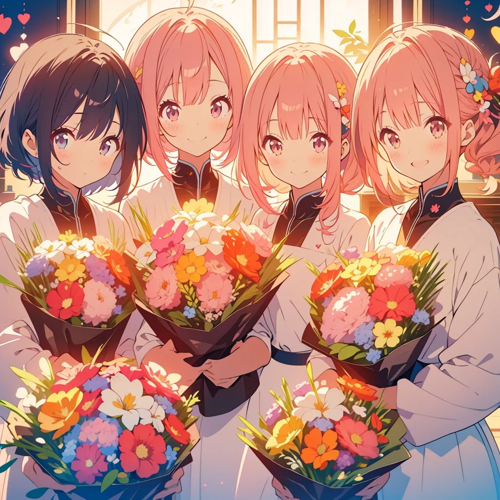 kawaii, anime, Cute, hyper quality, highly detailed, 8k, Clarity, Draw facial expressions in detail, with short pink hair, freesia flower, bouquet, younger sister, younger brother, parents, friend, good friends, smile, Netherlands, surrounded by many people, friendship, best friend, family love, classmate, lover,