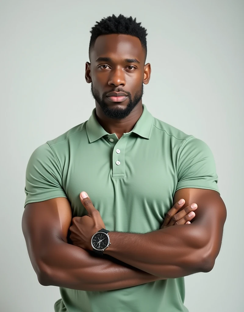 A confident man with short, black hair and a neatly trimmed, light beard faces the camera directly. He stands with a relaxed posture, his right hand's finger is pointing left side of the image, as if directing attention to something off-frame. His muscular, bodybuilder-like physique is highlighted by a tight-fitting light green polo shirt, His expression is calm and serious, exuding a composed and relaxed demeanor. The background is plain, keeping the focus entirely on the subject, and the image is highly detailed and polished.