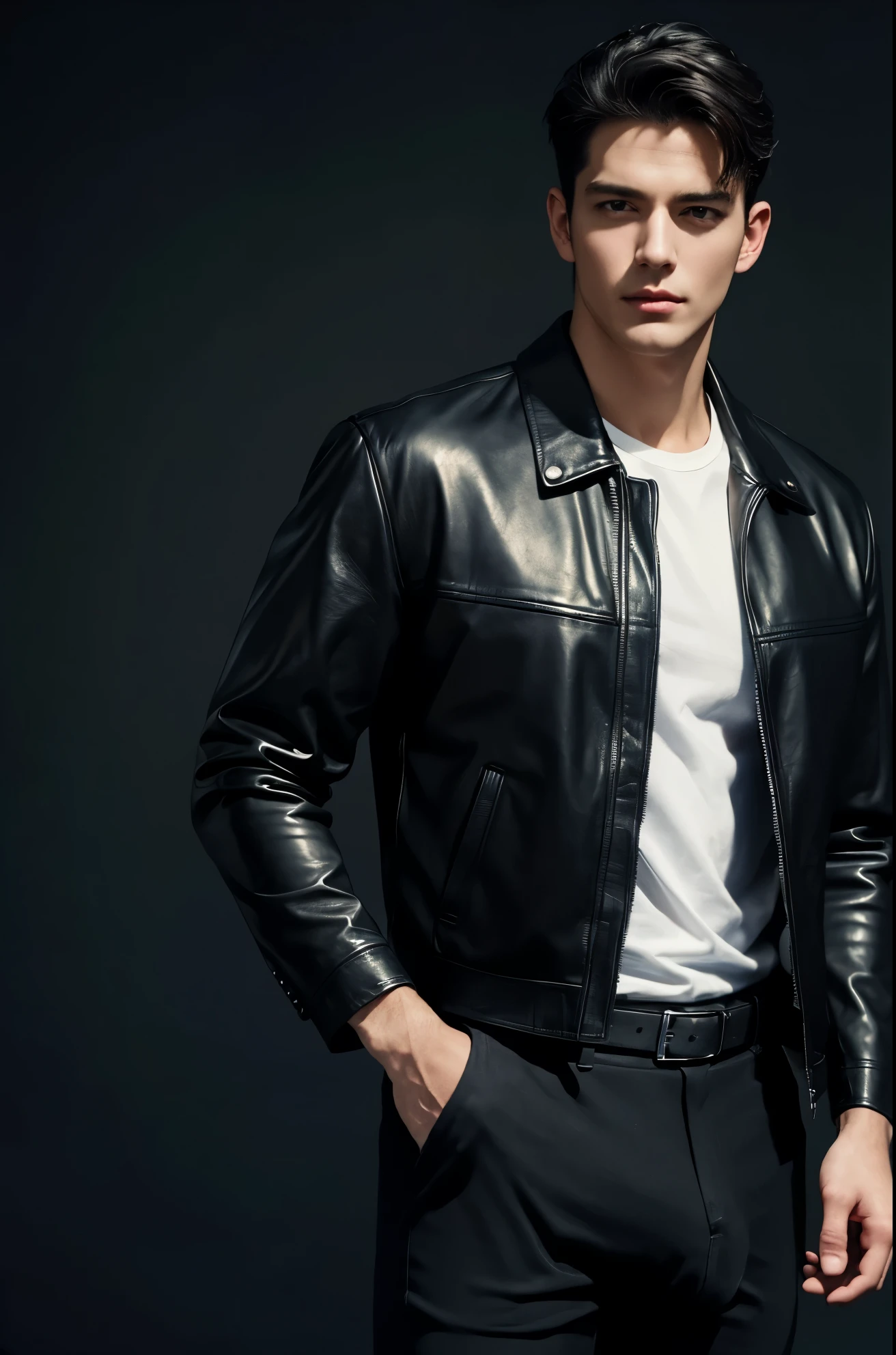 4k, high resolution, best quality, masterpiece, perfect color, perfect shade, perfect lighting, Posted by e621, ((handsome man)), perfect male figure, Short hair details，Detailed face, perfect face, (stood up), Detailed background, ((Bonifasco Lighting)),black hair, wearing black leather jacket, black pants, black leather belt, white shirt,