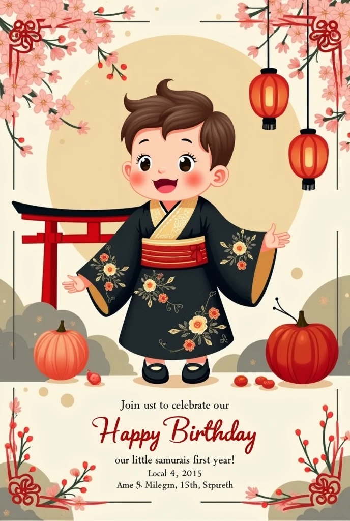 Create a baby boy 1st birthday invitation image, whose theme is about Japan, put things that refer to Japan. In the invitation, Create a drawing of a Japanese baby boy wearing a beautiful black and beige Kimono., put him wearing a little black shoe. Put a nice phrase about celebrating his first year of life, Local and data of the celebration 