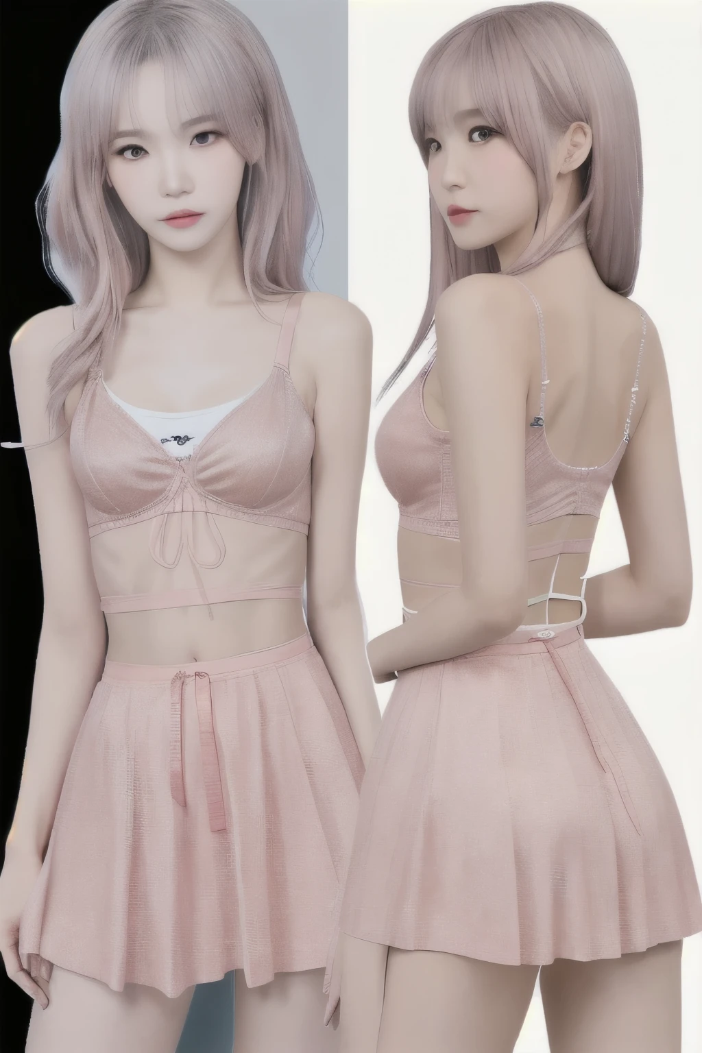 pink silver haired girl, long hair wearing a pale pink dress, fine details,girls frontline, artwork in the style of guweiz, trending on cgstation, from girls frontline, Guweiz, ig model,artgerm, trending at cgstation, by Yang J,photorealistic anime girl render,Slim figure,Are thin,Flat Chest,Small Bust,Small waist,Slim legs and thighs,(Beautiful nipples),(Flat Chest),(Small Ass),(Thin string underwear),Pale pink underwear, vivid colors,Maximum number of pixels,photo quality images,Kim Chaewon of Le Sserafim herself,(((Flat Chest))),(Slender full-body silhouette),(Beautiful nipples),Increase the saturation,
