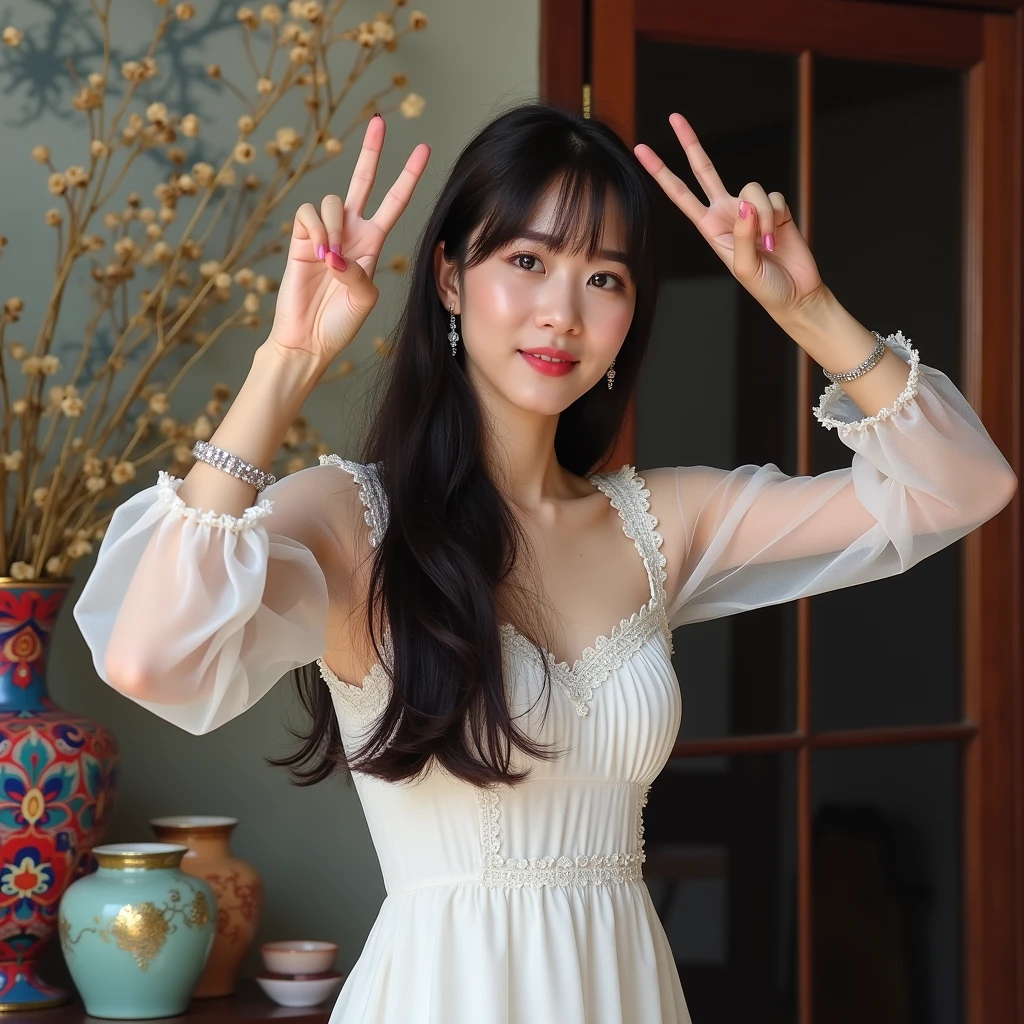 The image is a portrait of a young Asian woman with long dark hair and bangs. She is wearing a white dress with a sheer neckline and long sleeves. She has a pair of silver earrings and a bracelet on her wrist. The woman is standing in front of a colorful background with a vase and other decorative items. Her hands are raised in the air, as if she is making a peace sign with her fingers. She appears to be posing for the camera.