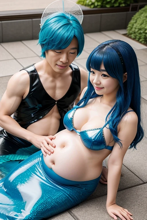 live-action Two people from a Japanese kindergarten a mermaid wearing a blue rubber dress。Latex blue hair, pot belly pregnancy Wet
