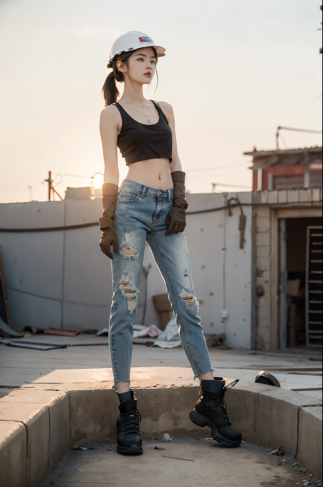 (((best quality))), (((ultra detailed))), (((masterpiece))), illustration,((a beautiful girl,solo)),(hard hat on head:1.3),(short ponytail:1.2),(flushed cheeks:1.3),((sweat,wet)),((slim,thin)),((small breasts,flat chest)), (dirty torn white tank top:1.3),(navel:1.2),(tattered jeans:1.3),(slender legs:1.2),(sneakers:1.2),(standing:1.2),(High altitude construction site:1.3),(on the roof:1.2),(outdoor:1.2),(bricks:1.3), (strong arms:1.2),(sturdy gloves:1.3), scorching sun, vibrant city,((cement, dust)), determined hustle, quiet, determined girl, indomitable spirit, human resilience, perseverance, unwavering resolve, back-breaking work, awe, respect, narrative, sacrifice, hard work, unseen heroes, city buildings,((from front,full body))