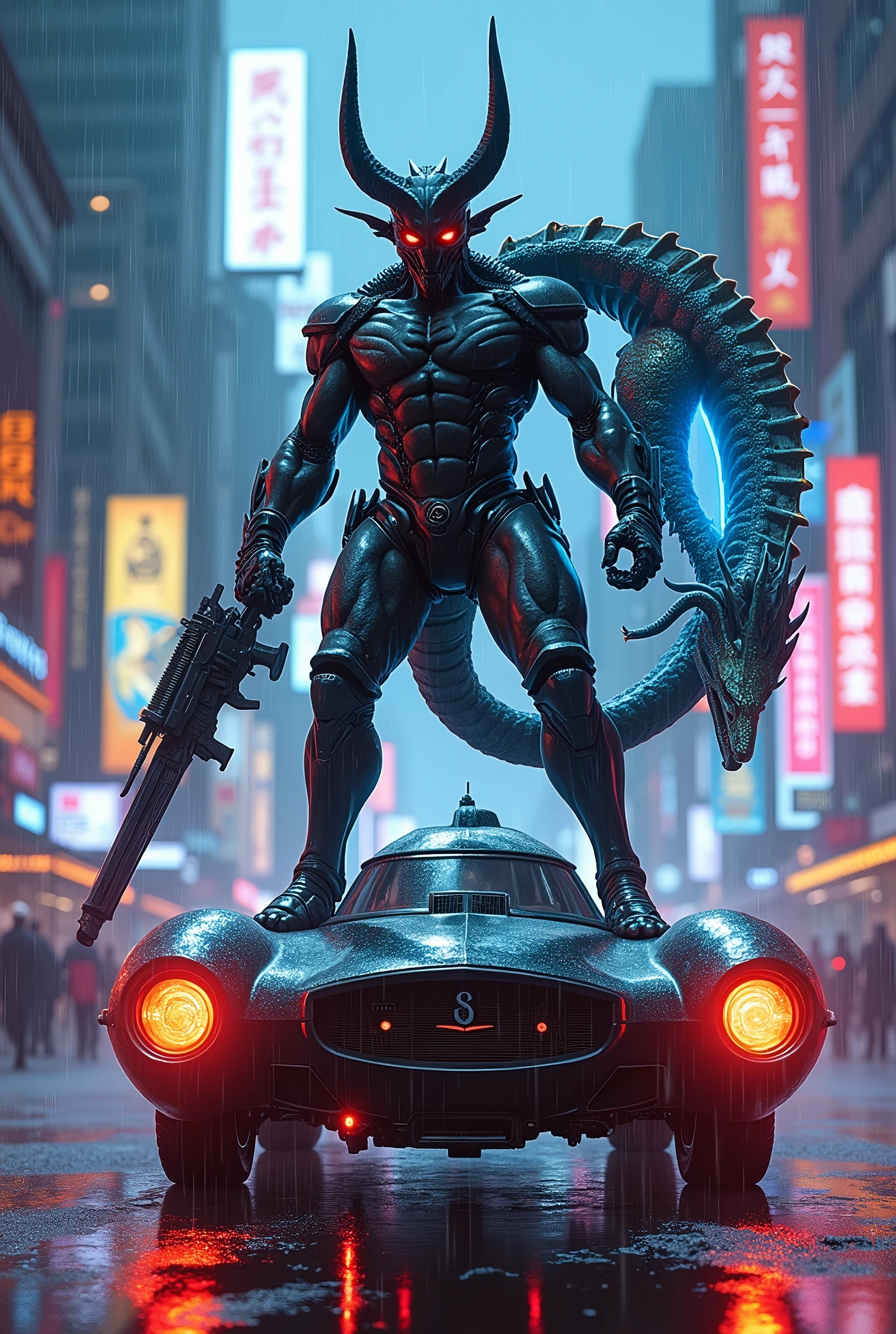 Cyberpunk x Fantasy、Demon、robot、gun、car、Dragon