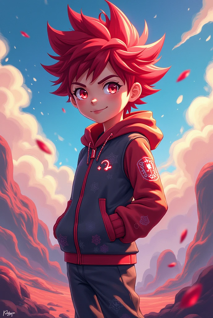 A 2d anime boy having  red hair and red eyes

