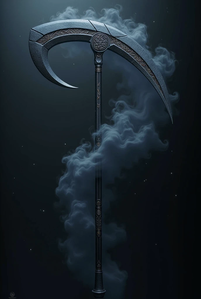 create this object, A double scythe that generates dark fog when spun, the black material appears to stretch and mold into a new shape, maintaining the black fog in details and edges, with engraved symbols that glow with fog, with minimalist and beautiful features
