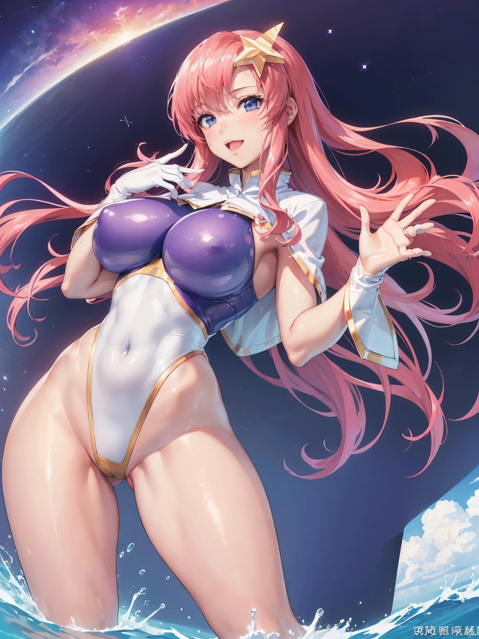 (masterpiece）、（Best image quality）、（Very detailed）、（Very detailed）、4K、（8k）、Best image quality、（beautiful）、
More about Campbell, 1 person, star hair ornaments, hair ornaments, Pink Hair, Long Hair, gloves, Swimsuit Purple swimsuit, White swimsuit、 Tight swimsuit、Huge breasts、Thick thighs、,A light smile､Dynamic pose､gravure､Dynamic Angle、Noise Reduction､Emphasis on the crotch､Breast augmentation