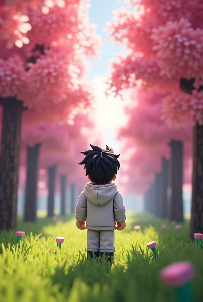 Make a beautiful minecraft realistic amine picture, The picture will be of a cherry orchard, there will be a 15-year-old boy in the garden, Wearing white winter clothes, hair will be black, 