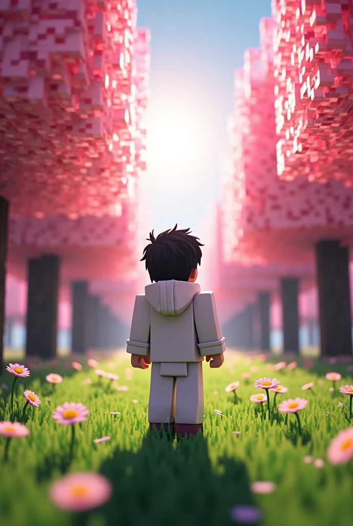 Make a beautiful minecraft realistic amine picture, The picture will be of a cherry orchard, there will be a 15-year-old boy in the garden, Wearing white winter clothes, hair will be black, 