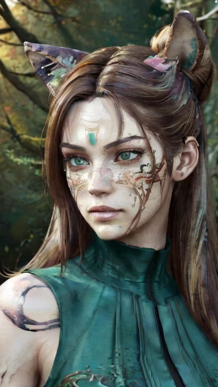 (8 K, Best quality, masterpiece:1.2),(Best quality:1.0), (ultra high resolution:1.0), watercolor, 1 beautiful with cat ears and a cat tail, hair bands, by Agnes Cécile, full length portrait, Extremely bright, striking design, pastel shades, (ink:1.3), Autumn fires, (serious:0.5), (very detailed face:1.4), Nikon D850, photo from the film ,4 Kodak Portra 400 ,f1 camera.6 lenses ,rich colors, the forest, short light brown hair in a bun, green cat's eyes, Vintage dress. (masterpiece, top quality, Best quality, official art, beautiful and aesthetically pleasing:1.2), extremely detailed,(fractal art:1.2),colorful,The most detailed, (dynamic pose), (abstract background:1.5), (Many colors:1.4). ((split. skin texture, бthe forestтящая кожа. elegance. photorealism. unreal engine. 3D model. Ultra high quality textures. high detail. permission 8k))