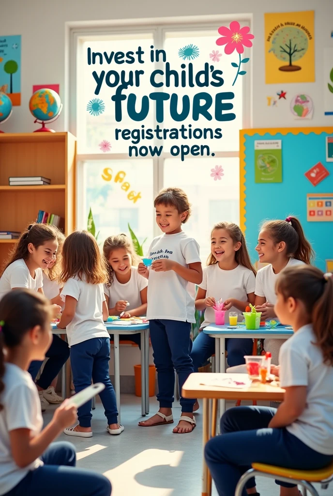 Create an inspiring and engaging image that conveys the idea of ​​investing in children's futures. The image should represent a welcoming and positive educational environment. Include a vibrant classroom environment where 6-year-olds are actively engaged in educational activities such as reading, science, or art. Add elements that suggest growth and the future, like books, globes, and progress charts. The text “Invest in your child’s future: registrations now open” should be prominently displayed, perhaps on a banner or poster, in a friendly, attractive font. Use vibrant colors and an upbeat atmosphere to convey a sense of excitement and opportunity. Children need to be in school uniform with a white t-shirt and navy blue pants. 