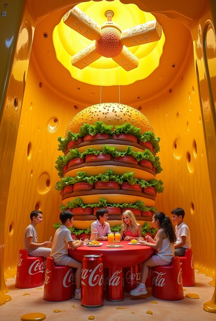 Design a lively and imaginative scene set in a grand hotel where everything is made from burgers and Coke. The hotel is large, with walls made from layers of melted cheese, giving it a warm and inviting appearance. Four cute kids are sitting around a table crafted entirely from a giant burger, with the buns forming the tabletop and layers of lettuce and patties visible underneath. The chairs they’re sitting on are made from large Coke cans, with ice cubes stacked at the base as legs, making them look cool and refreshing. Above them, the ceiling fan is shaped like a spinning burger, with each blade resembling a slice of lettuce or cheese. The hotel door is constructed from transparent Coke bottles filled with ice cubes, adding a frosty touch to the entrance. The entire setting should exude a playful, fun vibe, with rich, mouth-watering colors and textures that make the scene look like a paradise for burger and Coke lovers."