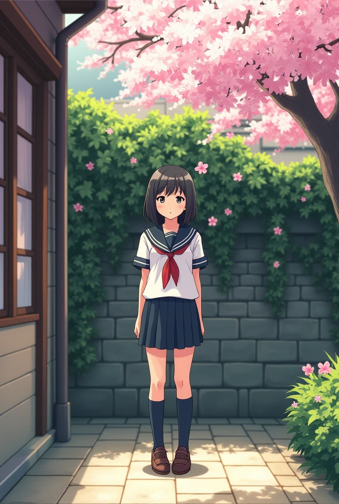 anime　京都animeーション　beautiful girl　13 years old　middle School girls　Black bobbed hair　Sailor suit　Black knee-high socks　Coin loafers　slender　Waiting for a promise behind the school building　smile