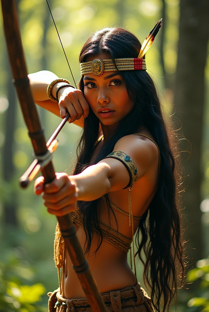 Indigenous woman with black hair, shooting a bow and arrow, orange skin with a feminine indigenous headdress 