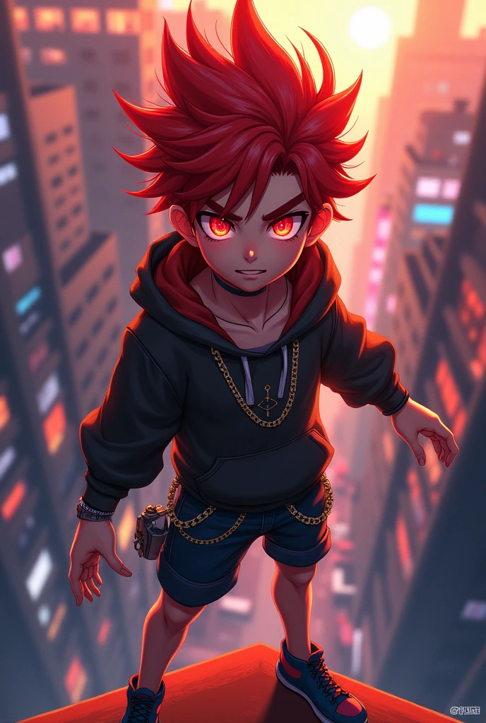 A 2d anime boy having red hair and red eyes