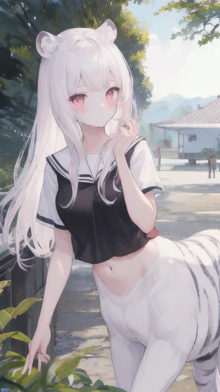 (best quality, masterpiece), 1 girl, centaur, I beg, White skin, Korean schoolgirl,  ,black pink, exposing the abdomen, beautiful girl perfect, White tiger photo, 완벽한  White tiger photo
