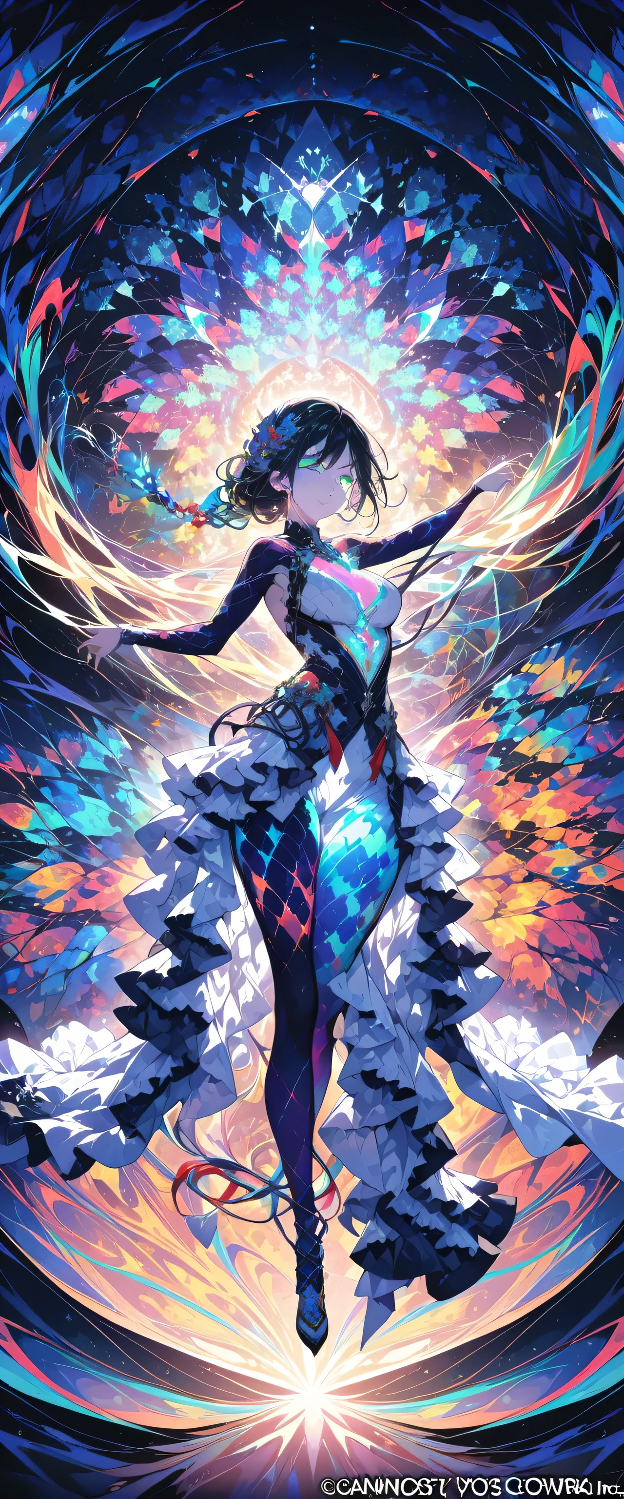 (masterpiece, Highest quality, Highest quality, Official Art, beautifully、aesthetic:1.2), (One beautiful woman:1.3), Very detailed,(Fractal Art:1.2),colorful,Most detailed,(Tangled:1.2), (Dynamic pose), (Abstract background:1.5), (Traditional Costume:1.2), (Glowing Skin), (Many colors:1.4),