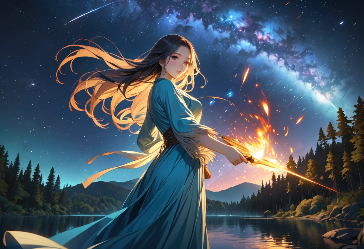 A woman in a beautiful feathered robe is dancing.,night,Fantasy Forest,night景,fire Fly,lake,(masterpiece, Highest quality, Highest quality, Official Art, beautifully、beautiful:1.2,Ray Tracing),Very detailed,Blue tones,Well-proportioned body,Long Hair,Long Shot,milky way,nebula,Starry Sky,shooting star