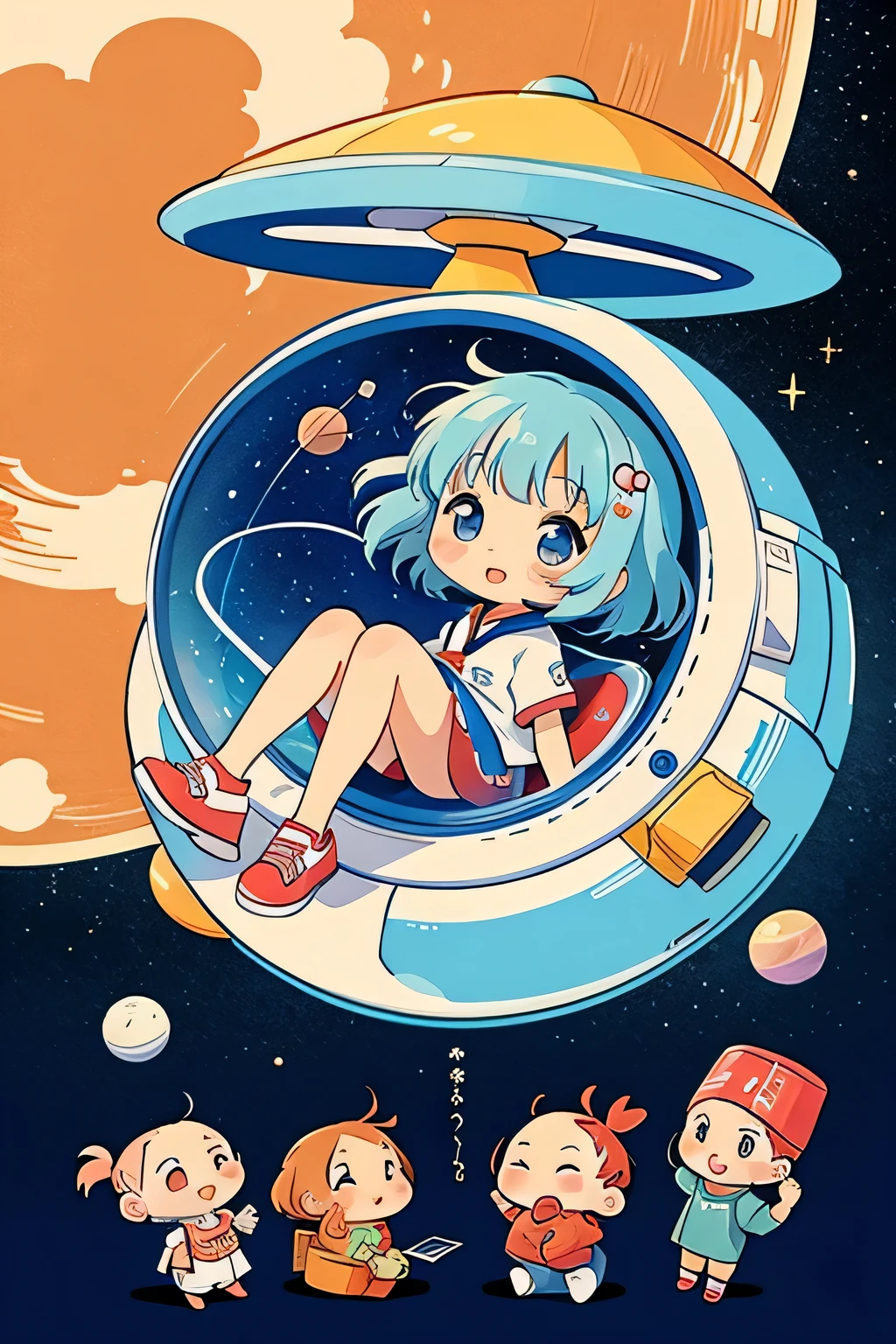 Hayao Mayazaki style, Kawaii Design, The most beautiful girl of all time、Chibi, Cute Aliens, Space Travel, Mars, Spaceship
