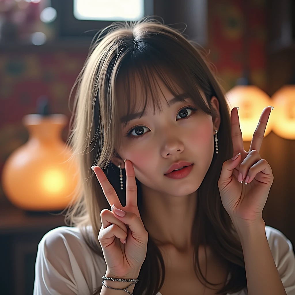 The image is a portrait of a young Asian woman with long dark hair and bangs. She is wearing a white dress with a sheer neckline and long sleeves. She has a pair of silver earrings and a bracelet on her wrist. The woman is standing in front of a colorful background with a vase and other decorative items. Her hands are raised in the air, as if she is making a peace sign with her fingers. She appears to be posing for the camera.