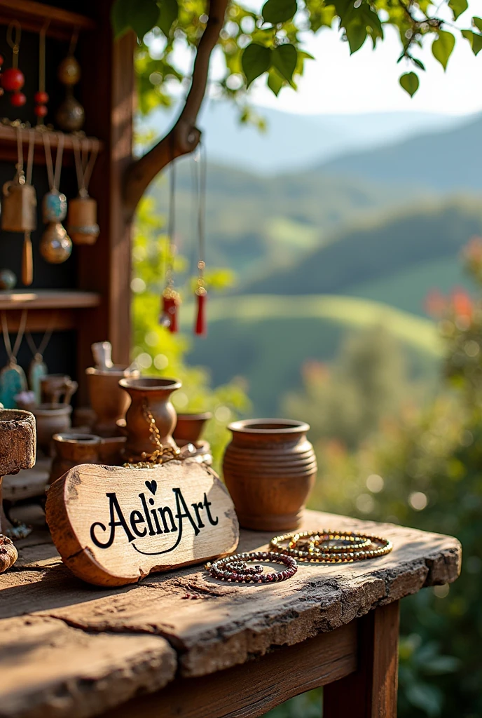 Stand de bijoux fait mains artisanal avec un panneau ecrit " AelinArt" . Photo paysage
