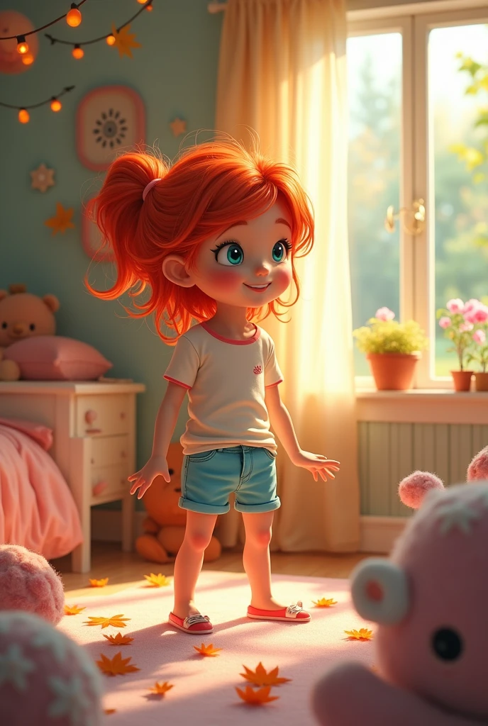 A young red haired girl taking off her pants