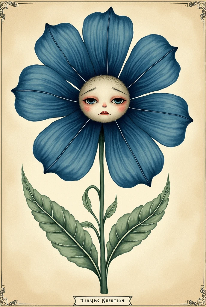 An illustration of a flower with blue petals and a sad face, book styles , vintage illustration