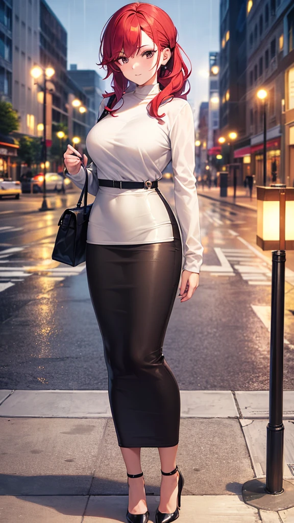 masterpiece, best quality, high detail, beautiful woman, wavy hair, red hair, low ponytail, white blouse, black coat, black midi pencil skirt, heels, looking at viewer, spring garden, cloudy sky, rainy morning, bright sky, rainy backdrop, city, city street, sidewalk, street lamp, park, trees, purse,