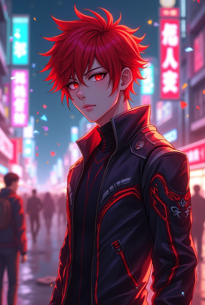 A 1d anime boy having red hair and red eyes