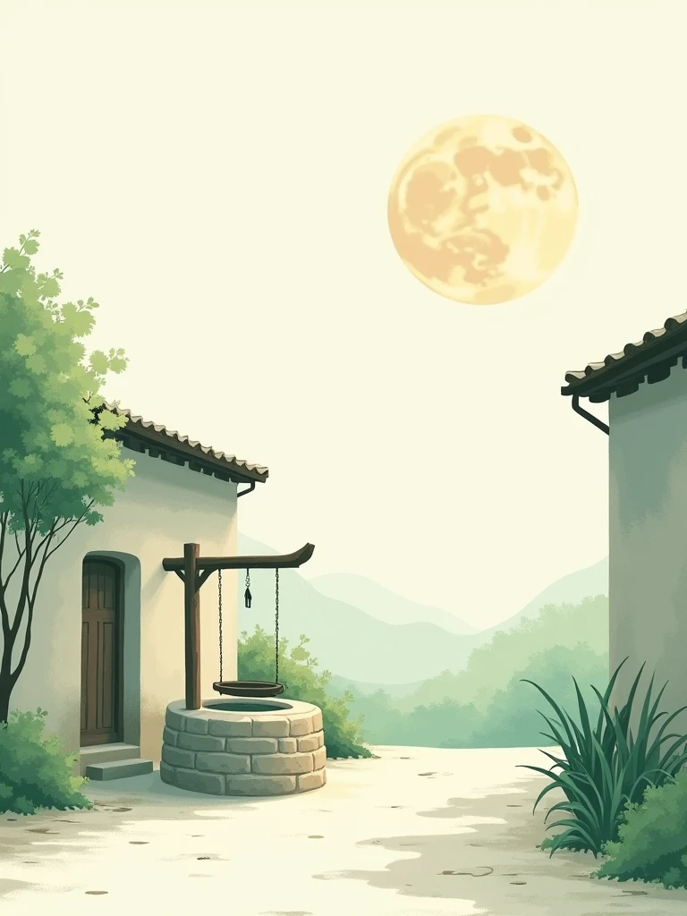 Off-white background，(Rural courtyard:1.5)，A well，Moon reflection in the well，Off-white background，Light green color scheme，Book illustration style，Flat style，Lots of white space，Minimalism，Ultra HD