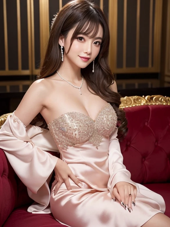 A stunning and stylish Japanese woman in a dimly lit cabaret on a night of romance, wearing a short, off-the-shoulder cocktail dress in a delicate pastel satin, adorned with numerous small, glittering jewels that expose her skin.、(She has brown eyes and dark blonde hair, loosely curled and gathered elegantly behind her shoulders.)、She is looking at this way and smiling、She is wearing a pearl necklace.、She is wearing white, round false nails.、The background is European in style, luxurious but dark、She sat with a straight back on the luxurious sofa, her hands clasped neatly in her lap, sitting shallowly without leaning against the backrest.、